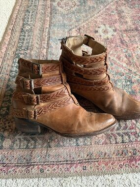 Freebird Brown Leather Ankle Booties with Buckle Straps